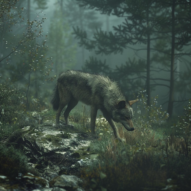 A wild wolf prowling through rugged terrain with a dense forest backdrop