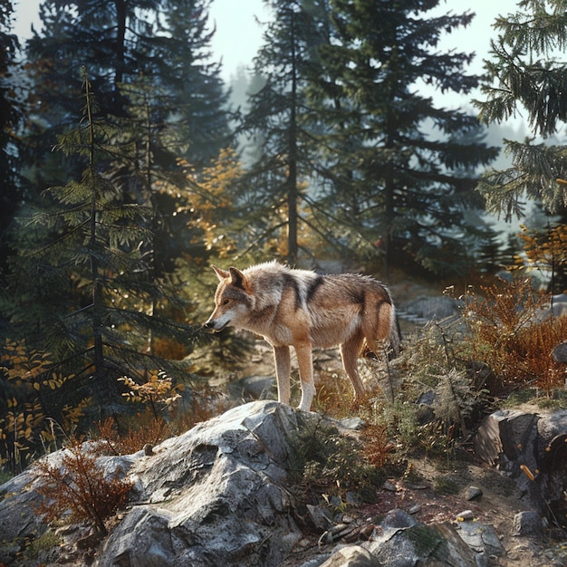 A wild wolf prowling through rugged terrain with a dense forest backdrop