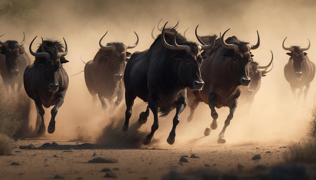 A wildebeest herd running Ai generative