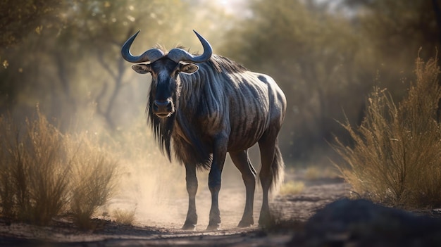 A wildebeest stands in the dust.