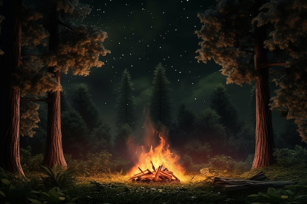 Wilderness Forest Night Background with Campfire Glow