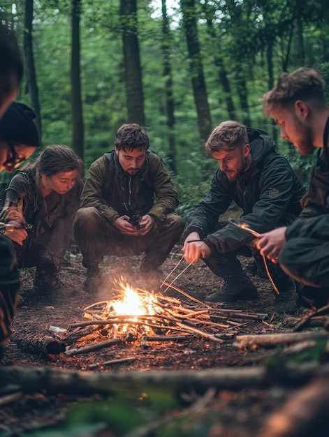 Wilderness survival course team learning essential skills for outdoor living