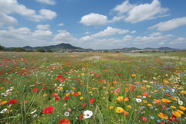 Wildflower Meadow with Blue Sky and Clouds