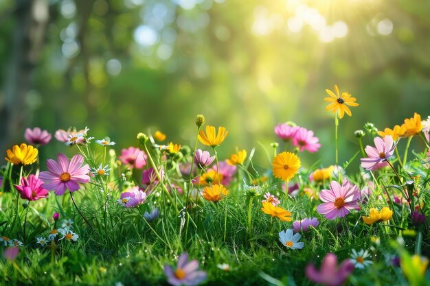 Wildflowers are in the sun on an outdoor lawn