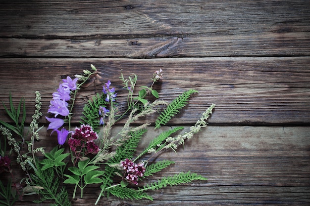 Wildflowers on dark old wooden background