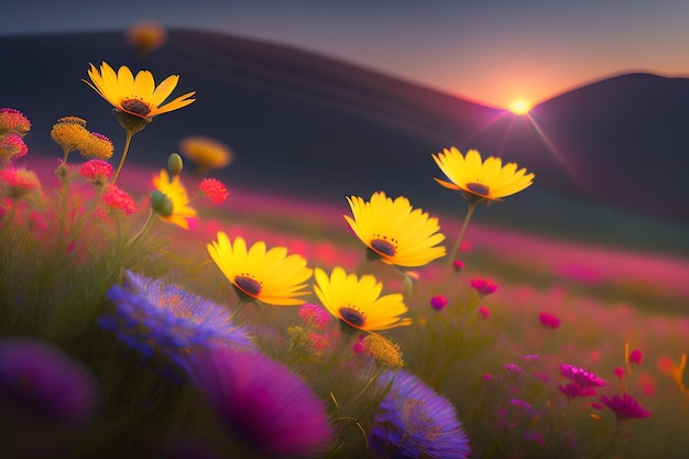 Wildflowers in full bloom grace the meadow during spring and summer generative ai