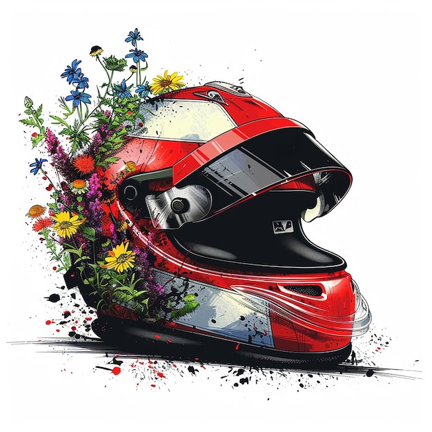 wildflowers growing out of an old formula 1 helmet vector white background