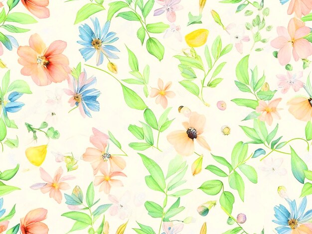 wildflowers and leaves watercolorin light pastel colors seamless pattern