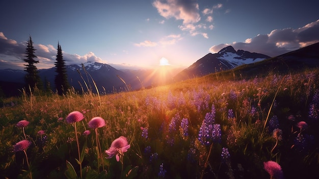 Wildflowers Mountains Sun Vast Sky Panorama