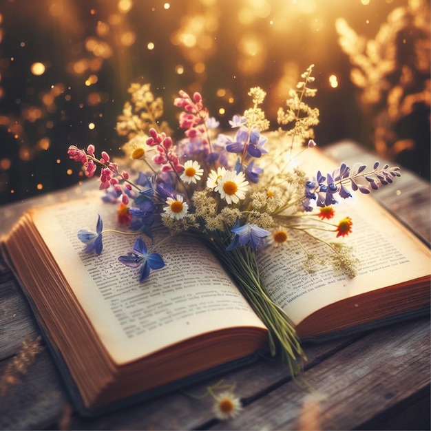 Wildflowers in an open book juxtaposing the romance of nature and literature