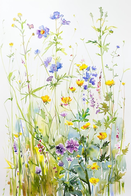 Photo wildflowers watercolor painting artistic detail white backdrop