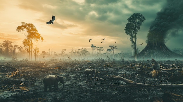 Wildlife forages through a devastated forest highlighting the impact of deforestation and the looming threat of extinction Generative AI