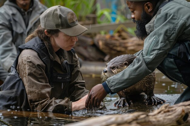 Photo wildlife handler and researcher interacting with an otter in autumn