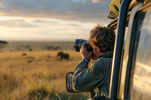 Photo wildlife photographer capturing a moment in the african savanna