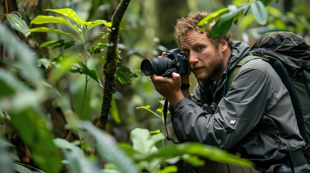 Photo a wildlife photographer crouches in a lush green jungle camera in hand ready to capture a moment of nature