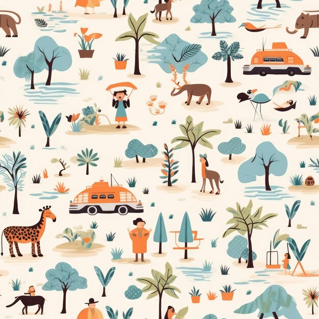 Wildlife safari adventure seamless pattern