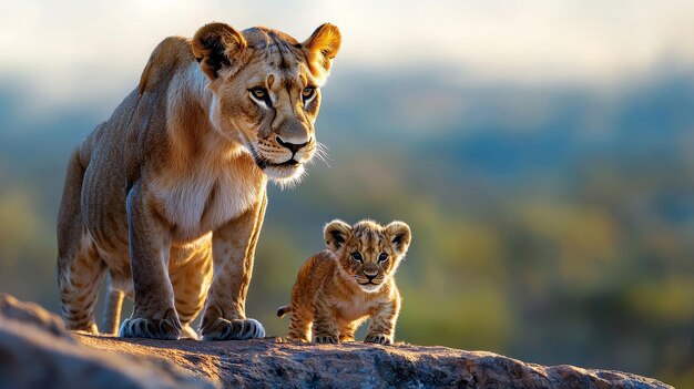 Photo a wildlife scene with a lioness leading her cubs symbolizing nurturing and leadership in a business