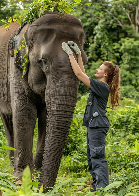 Photo wildlife veterinarian examining an elephant in a lush jungle setting