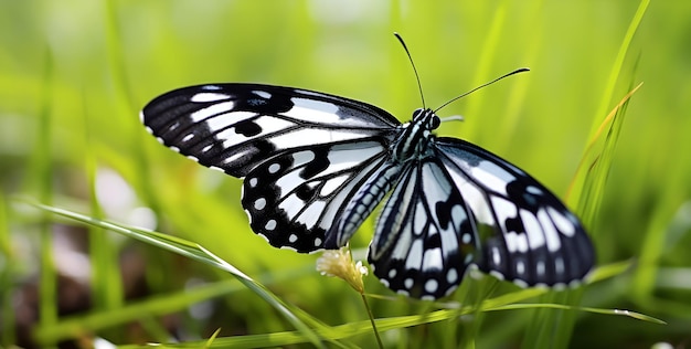 Wildlife White And Black Butterfly On Grass In CloseUp Photography