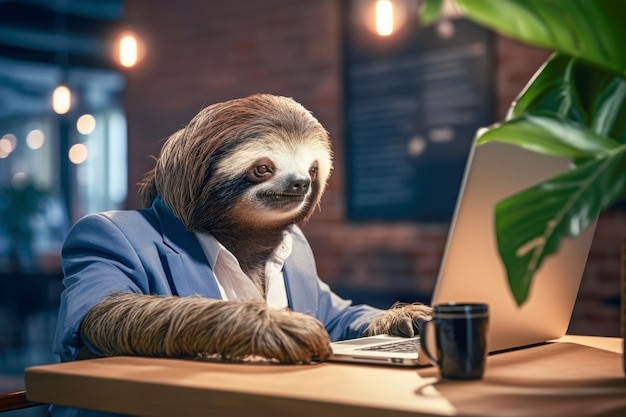 Wildlife Work Ethic A sloth businessman on a laptop in the office redefining the pace of work Embrace the balance of leisure and tasks