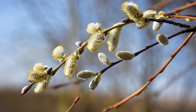 Photo willow branches with fluffy buds on a sunny spring day