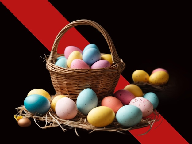 willow wicker basket with painted colorful easter eggs