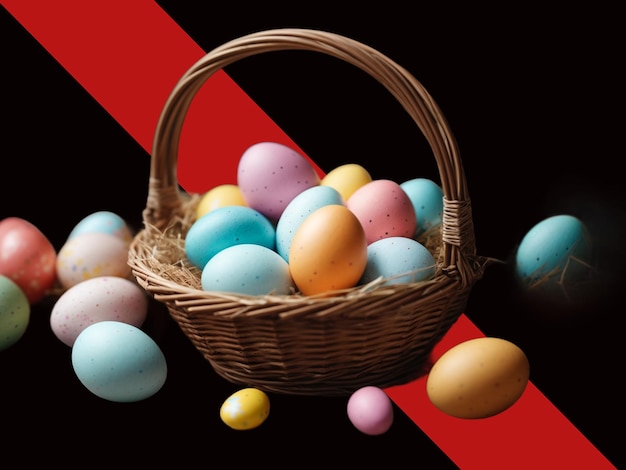 willow wicker basket with painted colorful easter eggs