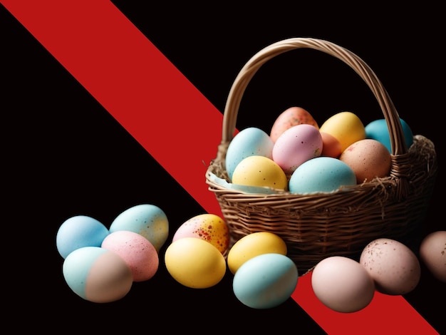 willow wicker basket with painted colorful easter eggs