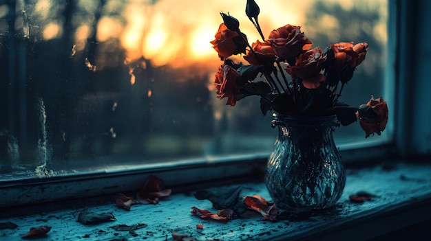 A wilted flower in a broken vase on a windowsill fragility symbol of impermanence and sadness