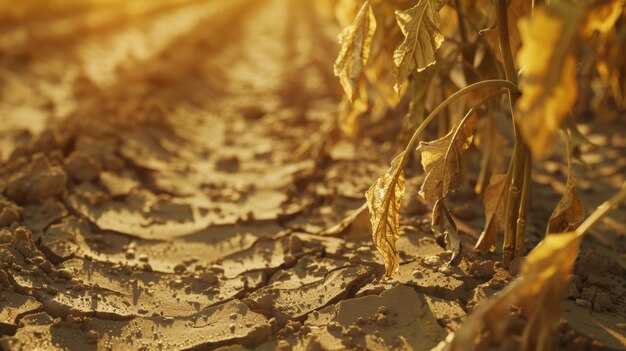 Wilted soybean plants clinging to the parched earth under the harsh golden sunlight