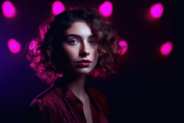 Win success portrait of beautiful young girl isolated on dark purple studio background in red neon light filter concept of human emotions facial expression beauty sales copy space for ad