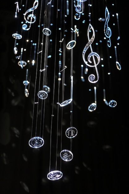 Photo wind chimes as luminous music notes against a black background