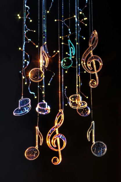 Photo wind chimes as luminous music notes against a black background