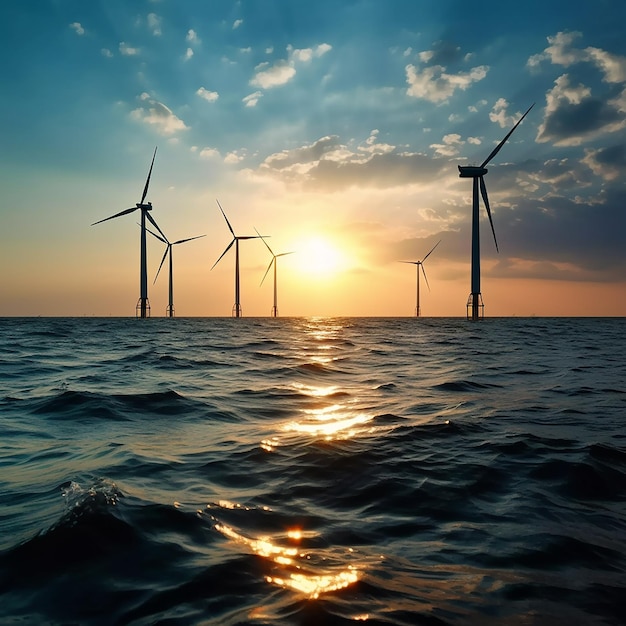 A wind farm is shown at sunset with the sun setting behind it