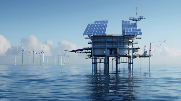 Photo a wind farm is surrounded by water and wind turbines