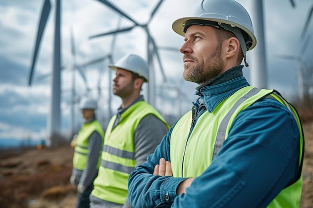 Wind Farm Technicians Evaluating Turbine OperationsxA clean energy concept