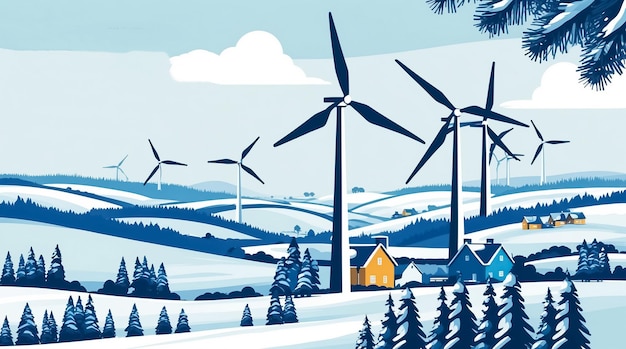 Photo wind farm turbine in the field green energy concept flat illustration rural landscape winter