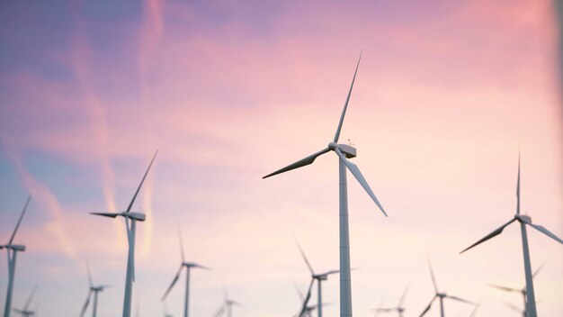 Wind farm turbines caught in sunset sky. Beautiful contrast with the sky. ecological concept. 3d rendering