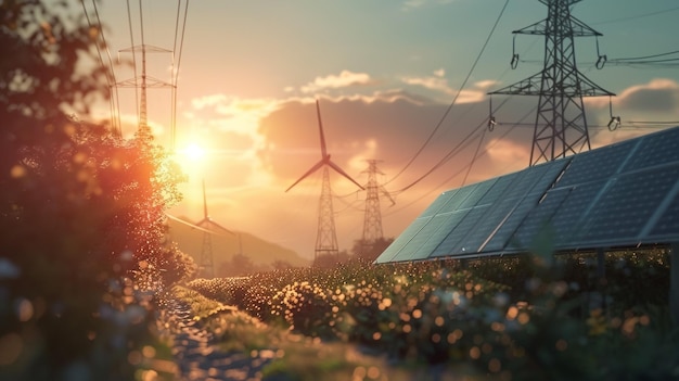 Photo a wind farm with power lines and a solar panel in the background