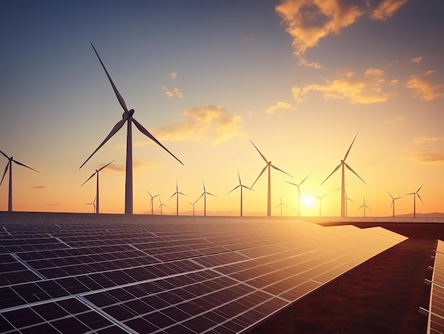 A wind farm with a sunset in the background