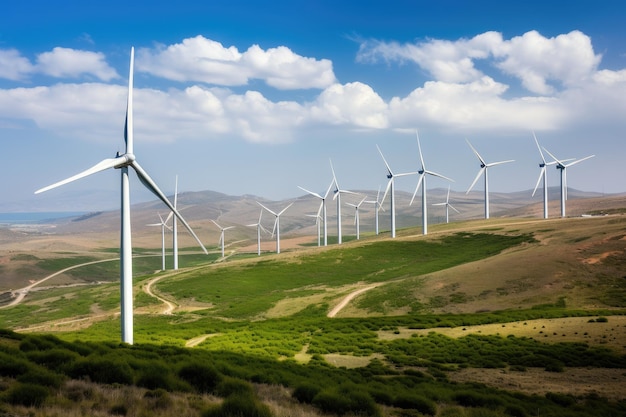 Wind farm with turbines spinning and producing green energy created with generative ai