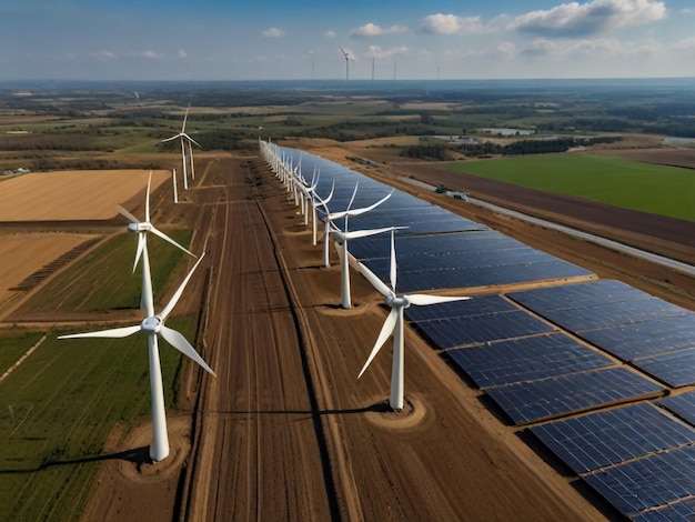 a wind farm with wind turbines in the background and a field with a sky background