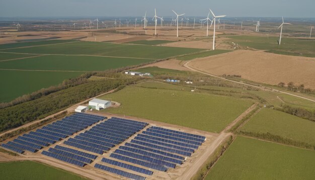 a wind farm with wind turbines in the background