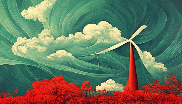 Wind generator on sky Red background Wind generator power plant Green electricity