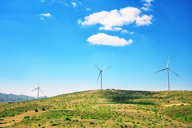 Wind generators on a plain under a blue sky