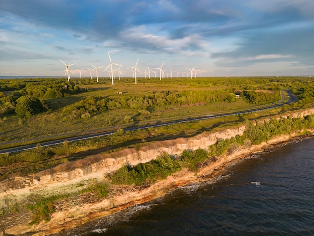 Wind generators on a sea cliff Paldiski peninsula in summer