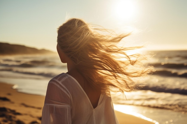 Wind in hair dreamy girl with sunflare on beach rear view