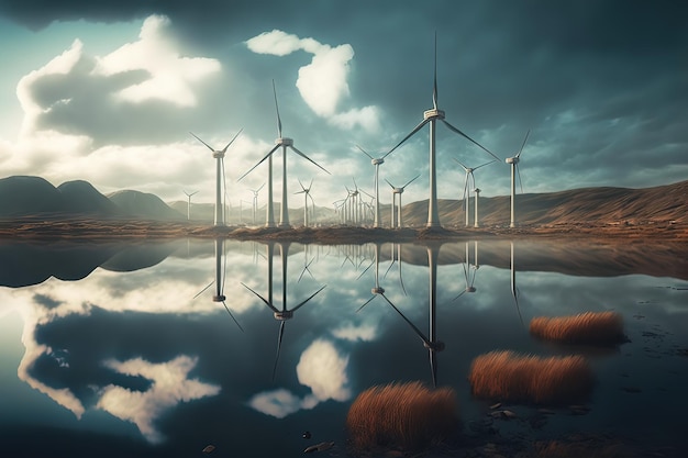 Wind power plant Wind turbines Green energy industrial concept Wind power station background Renewable energy design AI generative