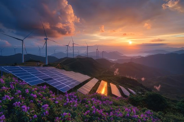 Wind and Solar Power Station at Sunset