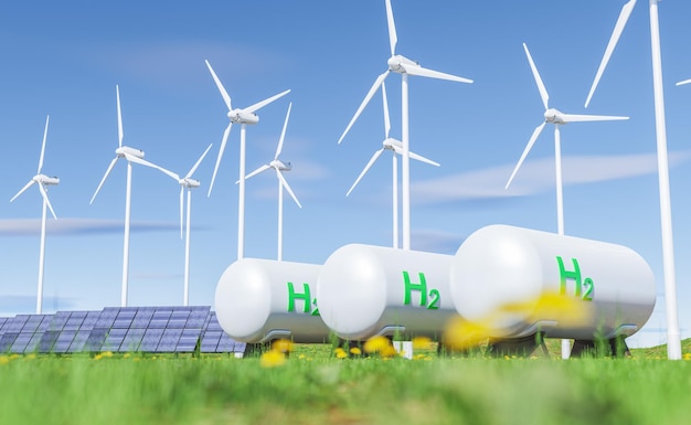 Wind and solar power stations against hydrogen cisterns in countryside